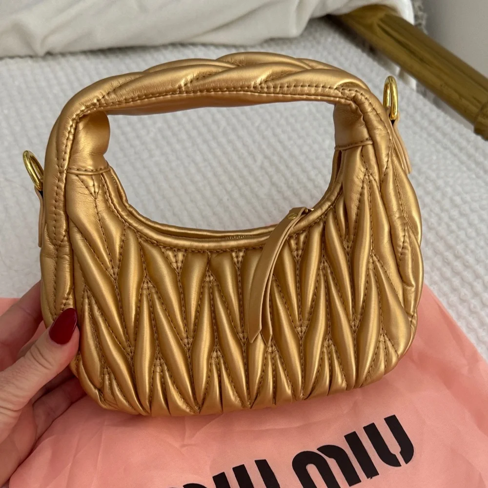 Bali Miu Miu Metallic Gold Quilted Mini Hobo Bag - Picture 4 of 6
